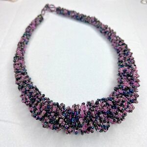Handmade Chunky Seed Bead Cluster Necklace Purple Black‎ Iridescent Statement